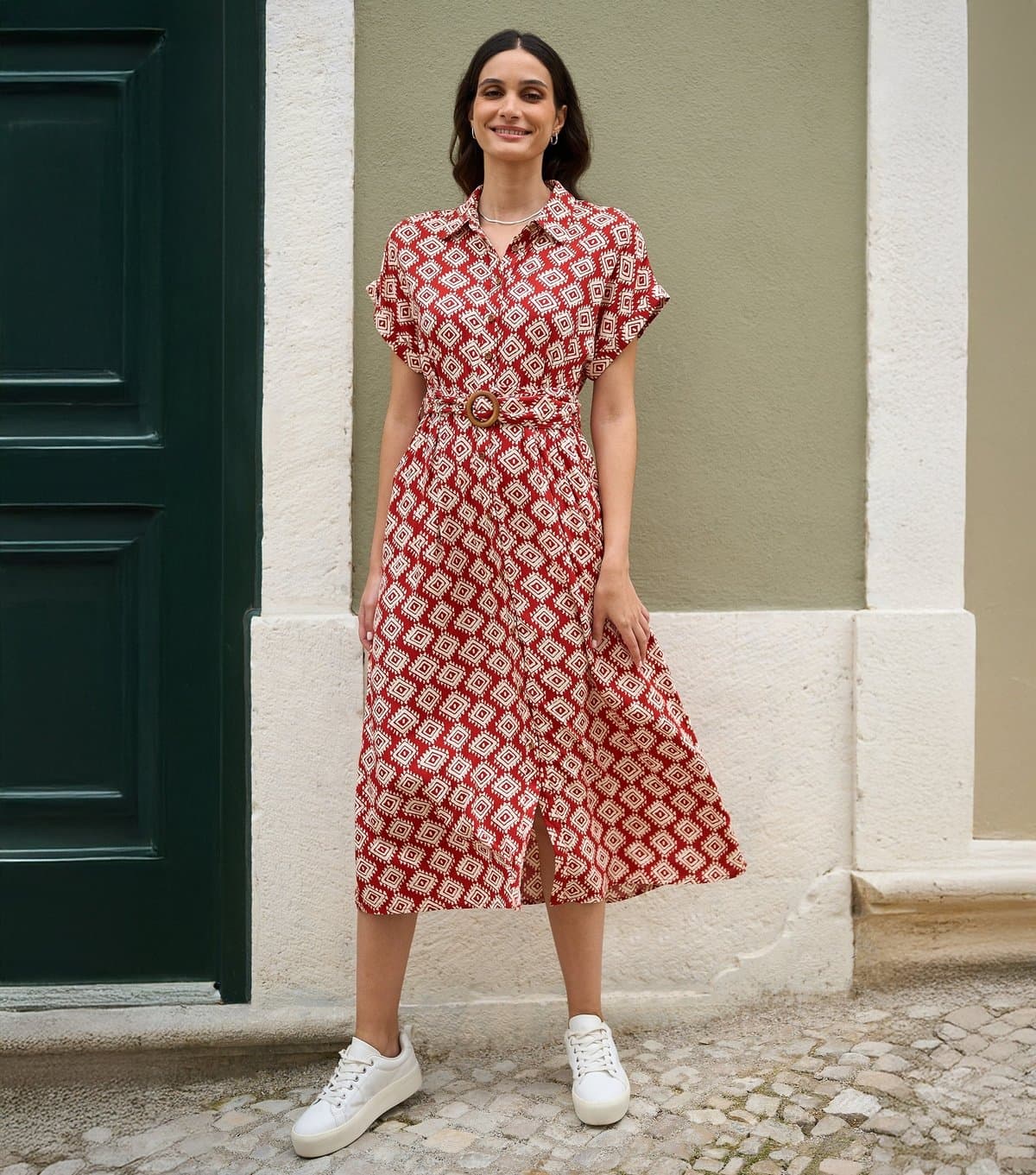 Yumi Women's Red Geometric Print Shirt Dress Yumi New Look