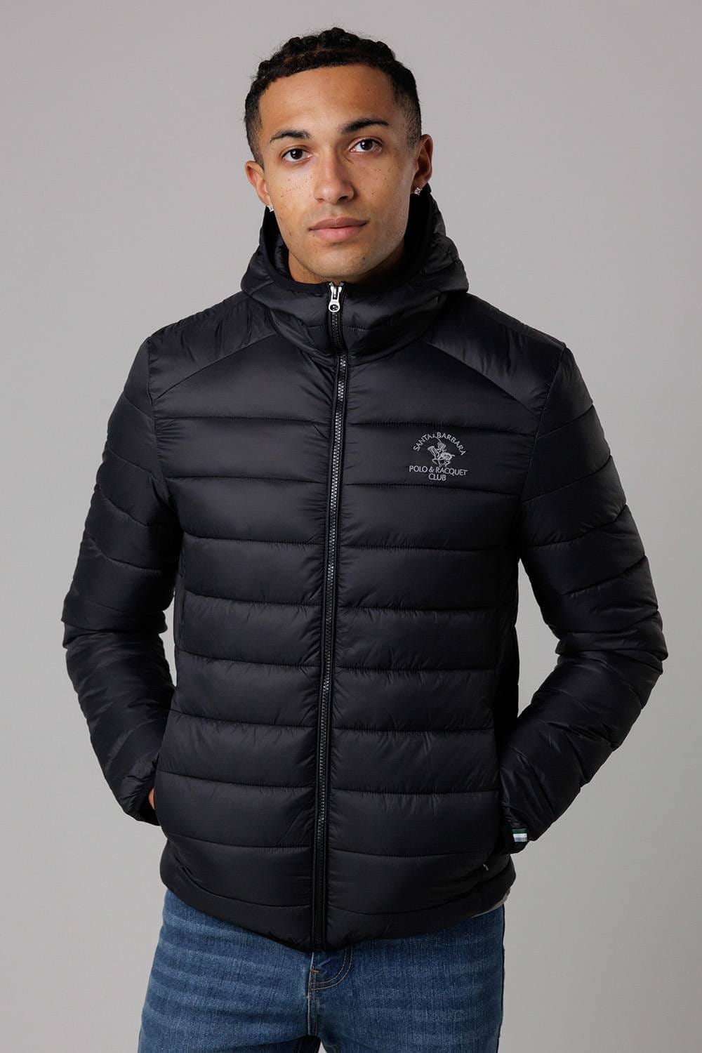 Santa Barbara Polo & Racquet Club Santa Barbara Polo & Racquet Club Men's Lightweight Zip Through Hooded Padded Jacket with Zipped Pockets in Black - 1