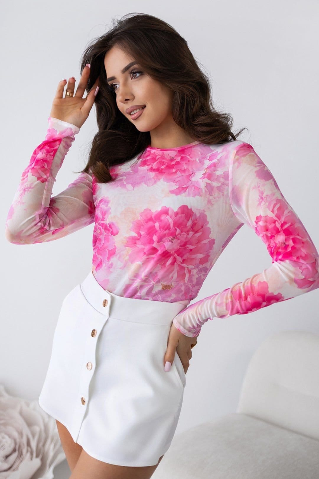 Love Lace Multicolor Tulle Long Sleeve Blouse with Print