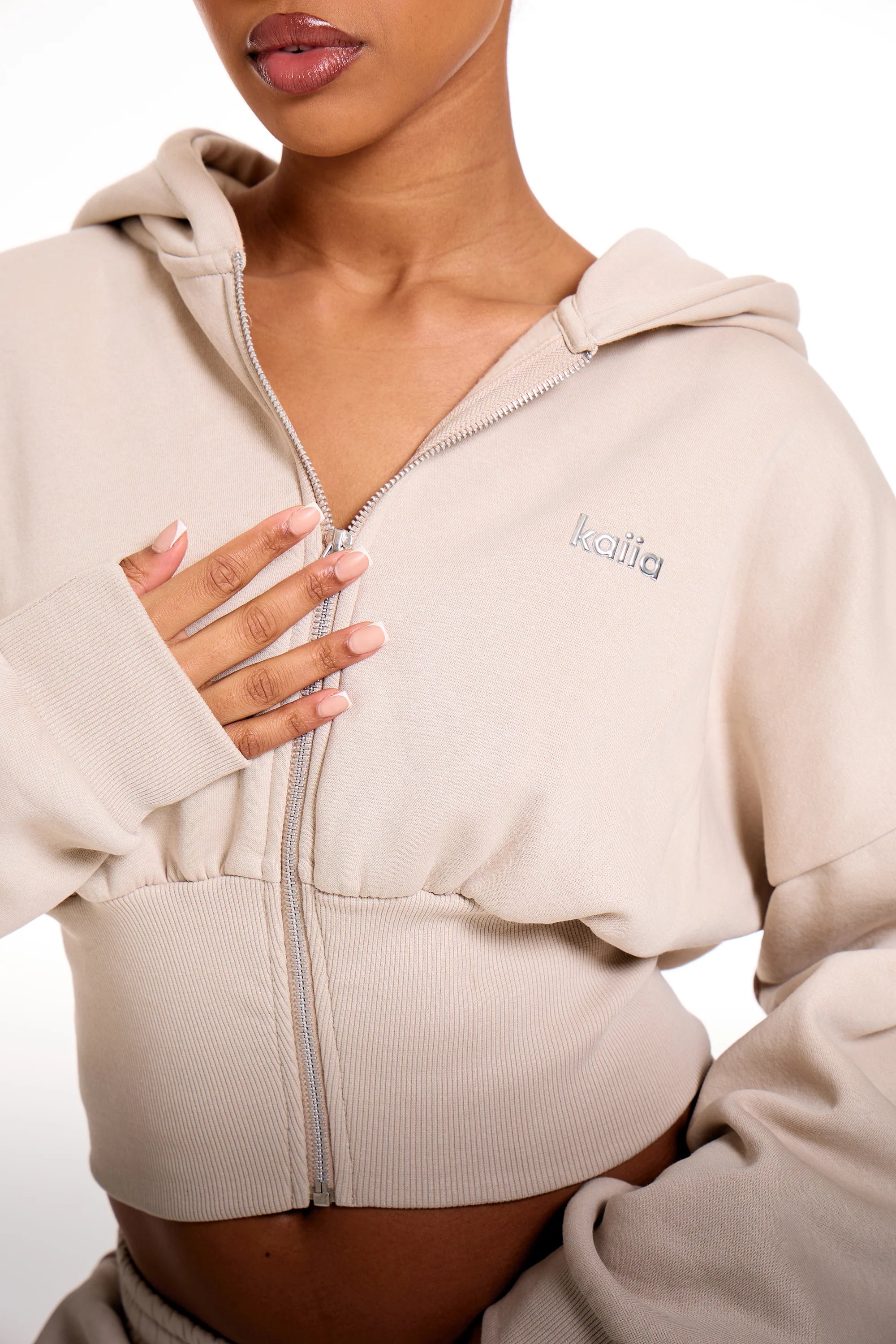 Kaiia Kaiia Chrome Logo Corset Zip Through Hoodie Ash Taupe - 2