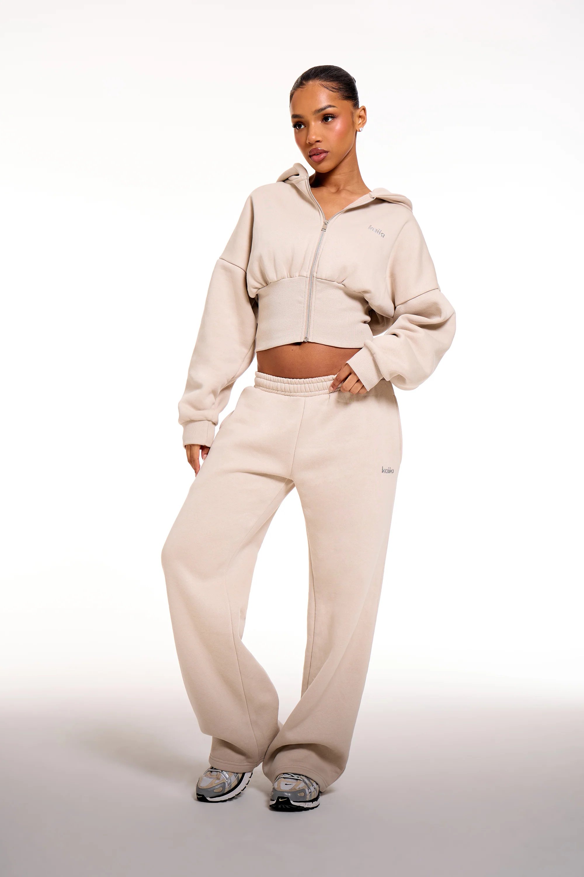 Kaiia Kaiia Chrome Logo Corset Zip Through Hoodie Ash Taupe - 3