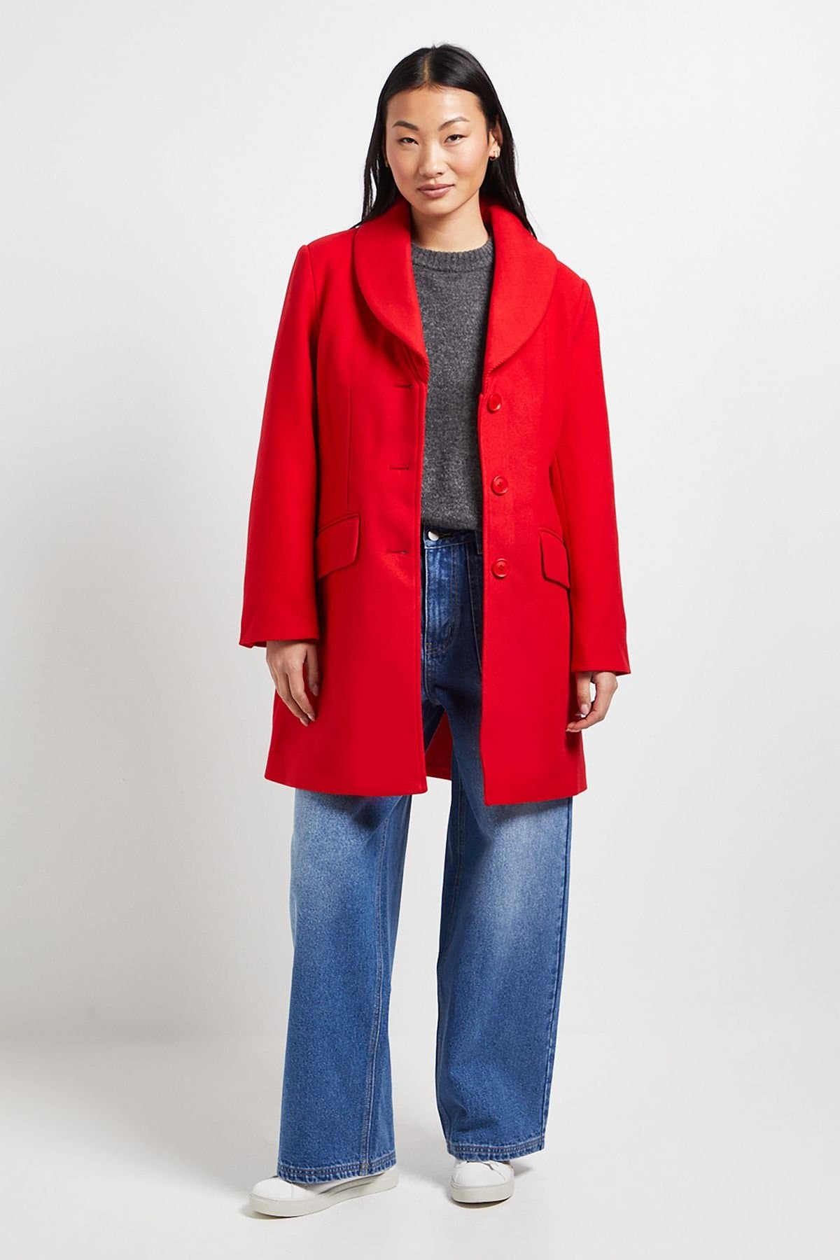 Dorothy Perkins Dorothy Perkins Women's Petite Funnel Collar Single Breasted Midi Coat in Red