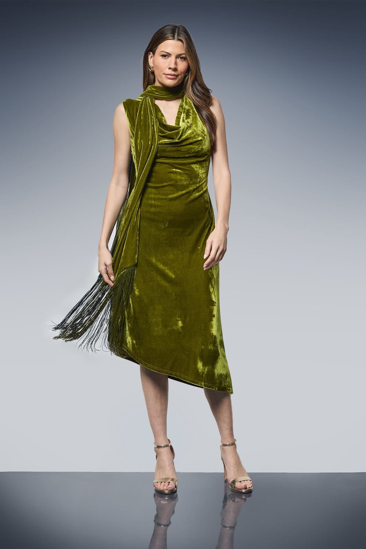 Wallis Wallis Women's Velvet Tie Neck Tassel Midi Dress in Olive