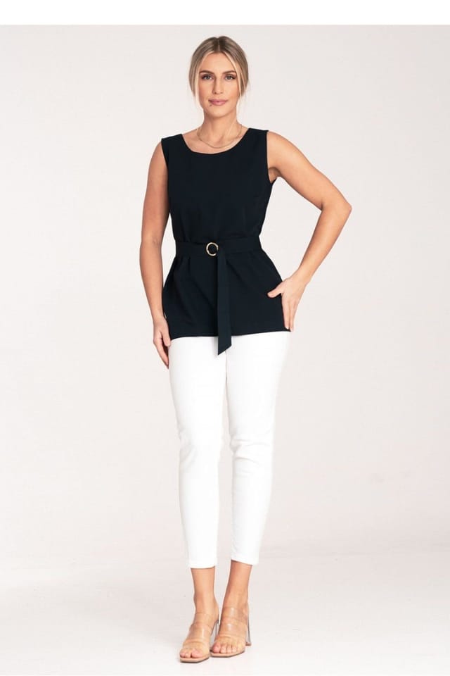 Love Lace Love Lace Women's Trapeze Boat Neck Blouse with Gold Belt Buckle in Blue - 2