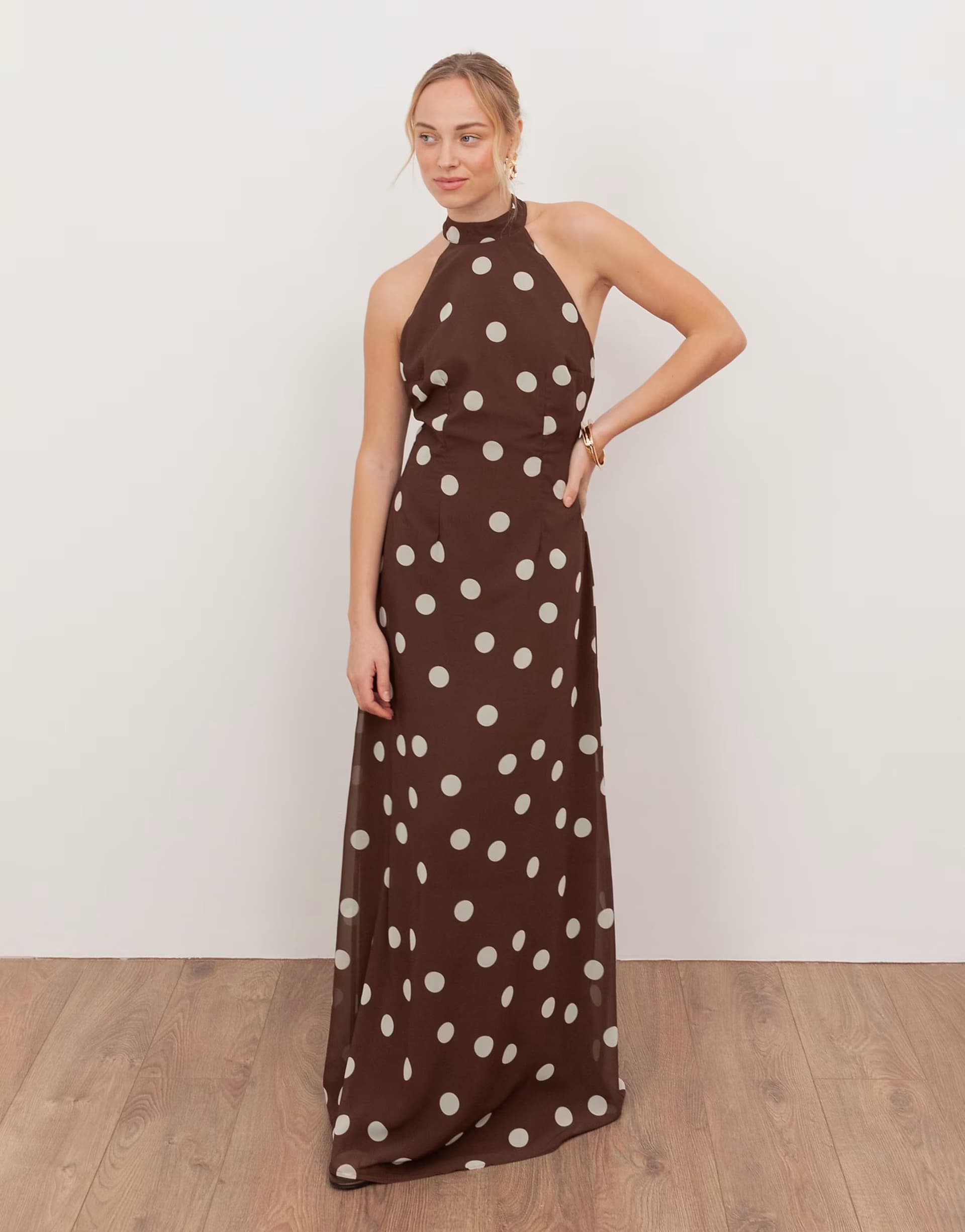 ASOS Anaya self-tie halter neck open back maxi dress in brown polka dot