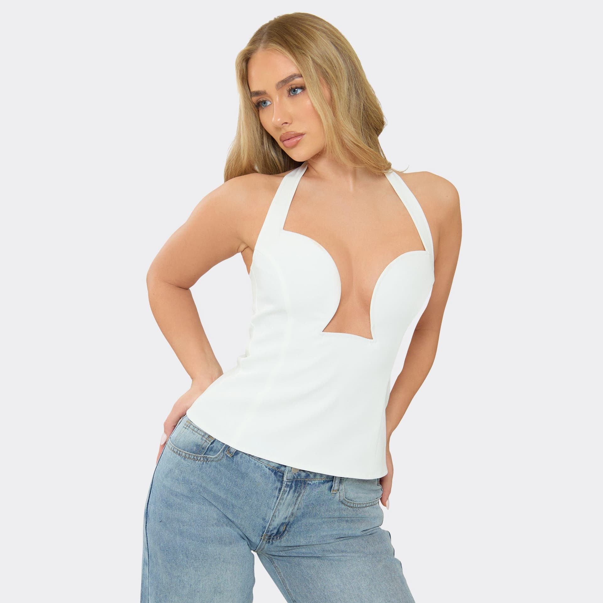 EGO Halter Neck Plunge Detail Top In White, Women's Size UK 6