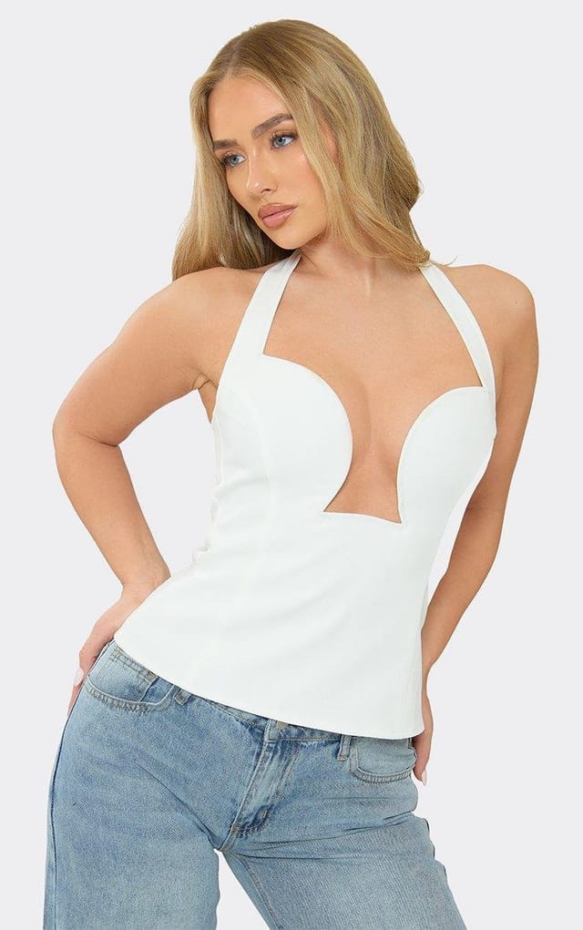 EGO Halter Neck Plunge Detail Top In White, Women's Size UK 6 - 2