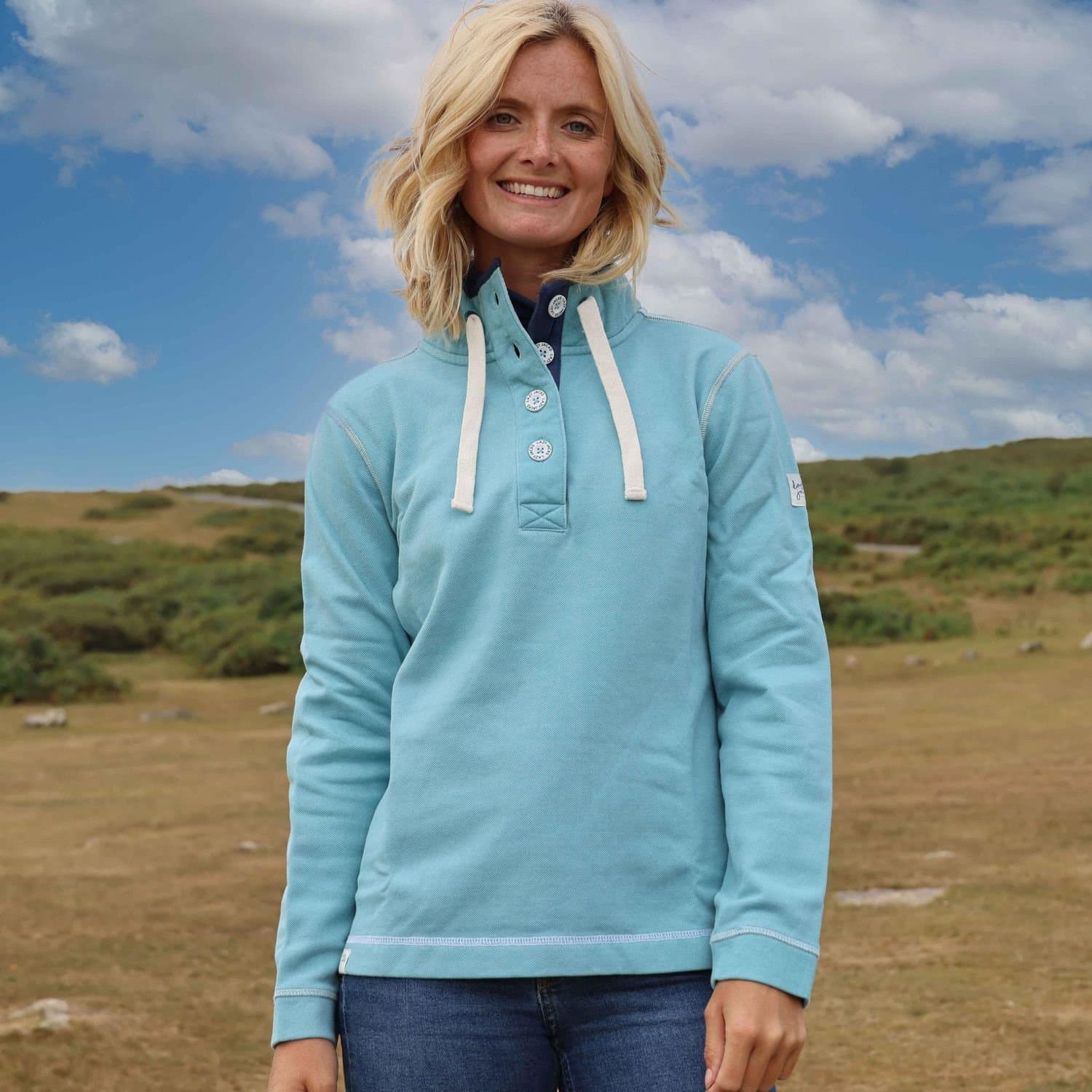 Lazy Jacks Lazy Jacks Women's Pique Button Neck Sweatshirt in Aqua
