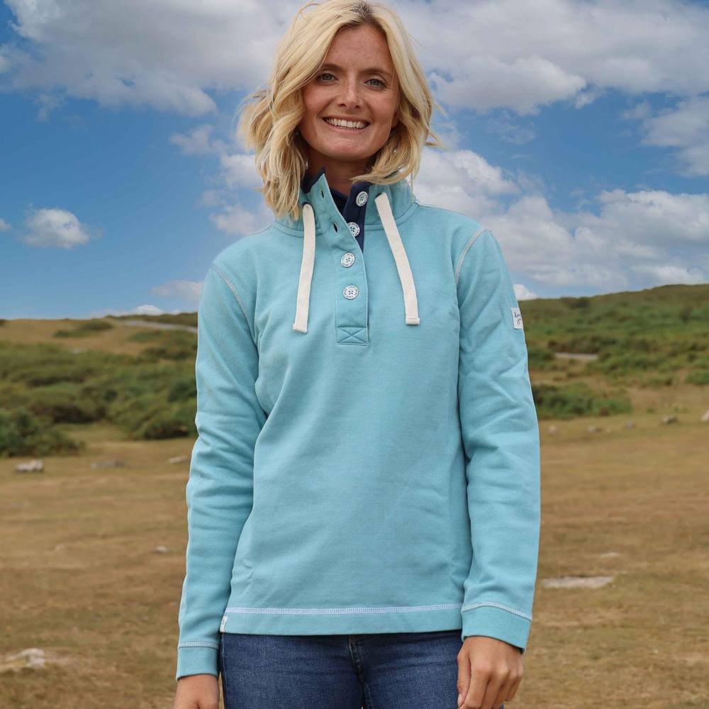 Lazy Jacks Lazy Jacks Women's Pique Button Neck Sweatshirt in Aqua - 2