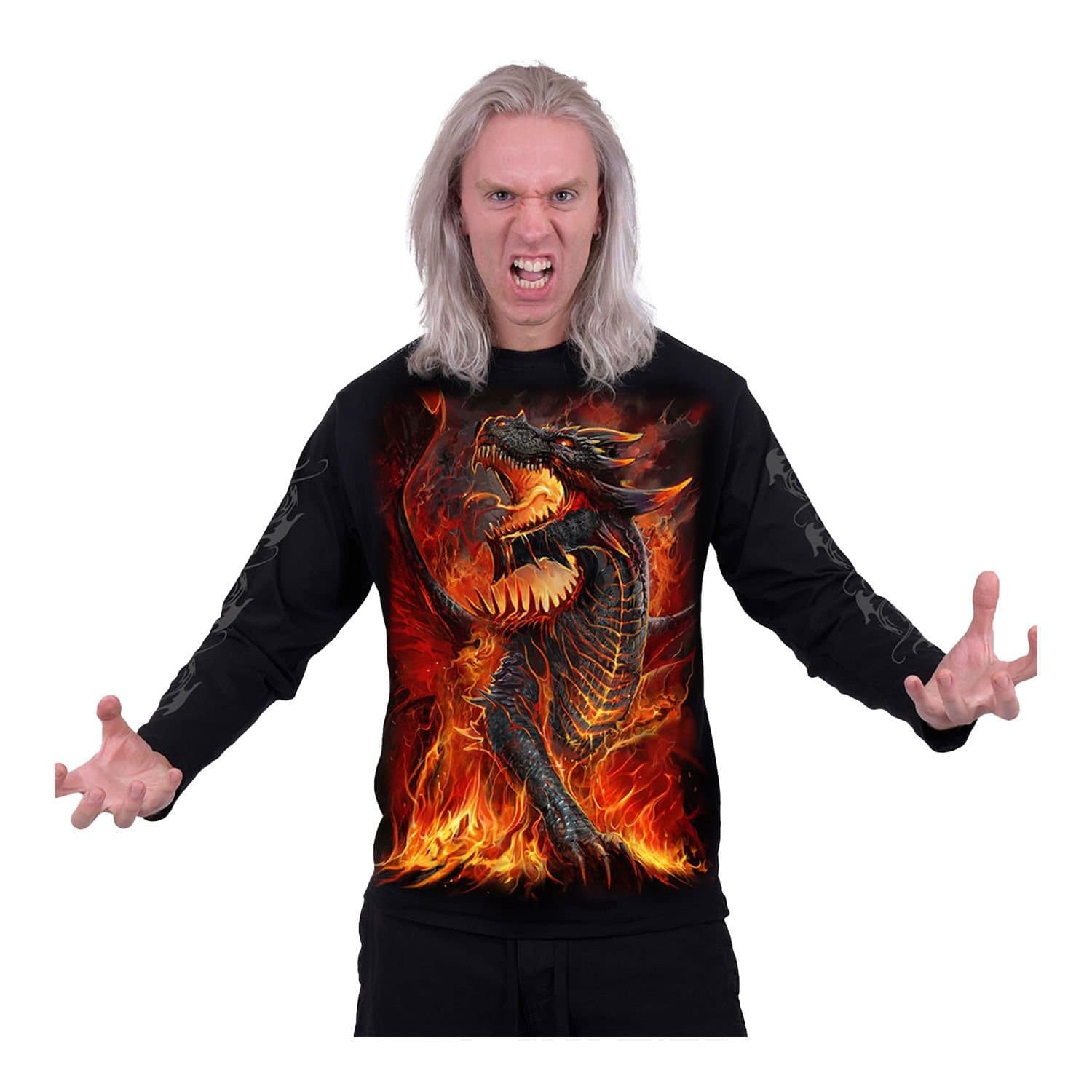 Spiral Direct Spiral Direct Men's Draconis Back & Sleeve Print Long-Sleeved T-Shirt in Black