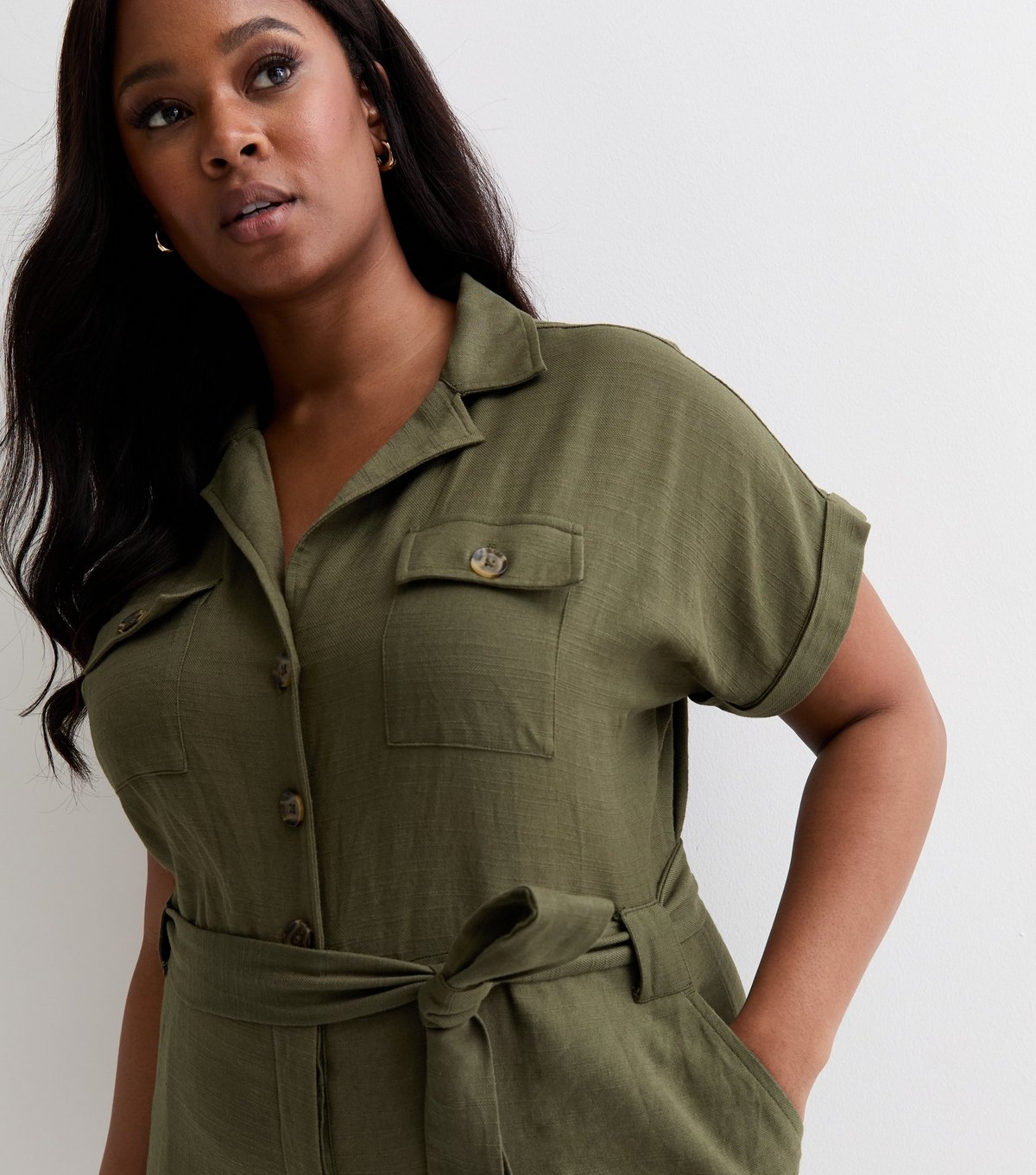New Look Women's Plus Size Khaki Cotton Belted Utility Jumpsuit Curves New Look - 2