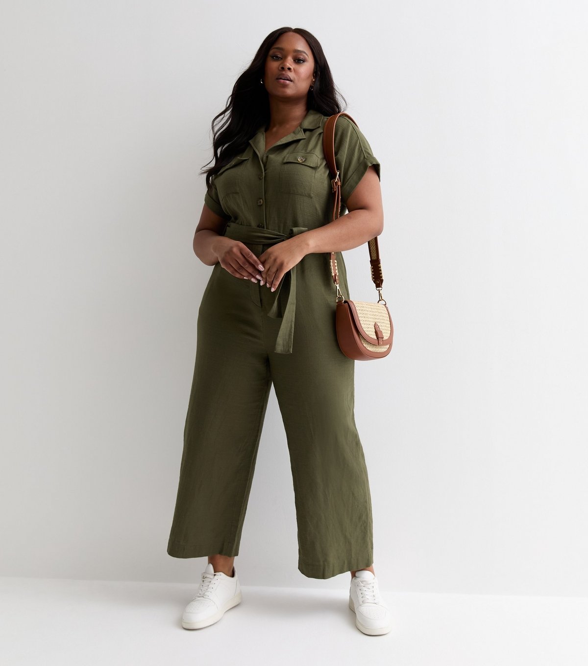 New Look Women's Plus Size Khaki Cotton Belted Utility Jumpsuit Curves New Look - 3