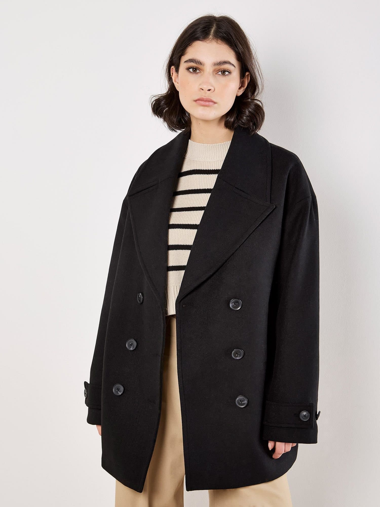 Apricot Apricot Women's Tailored Double-Breasted Peacoat in Black