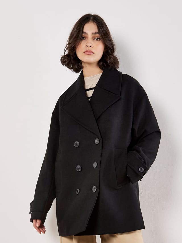 Apricot Apricot Women's Tailored Double-Breasted Peacoat in Black - 2