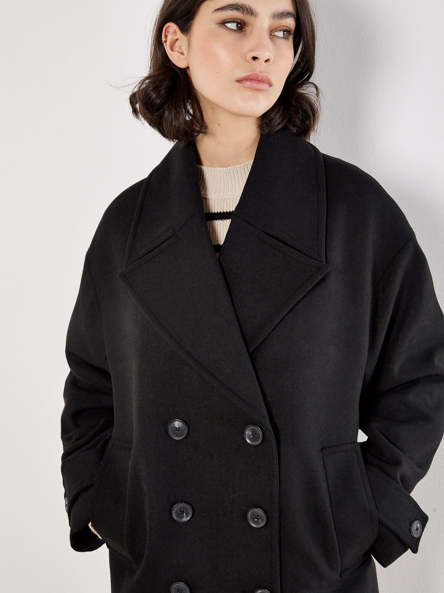 Apricot Apricot Women's Tailored Double-Breasted Peacoat in Black - 4