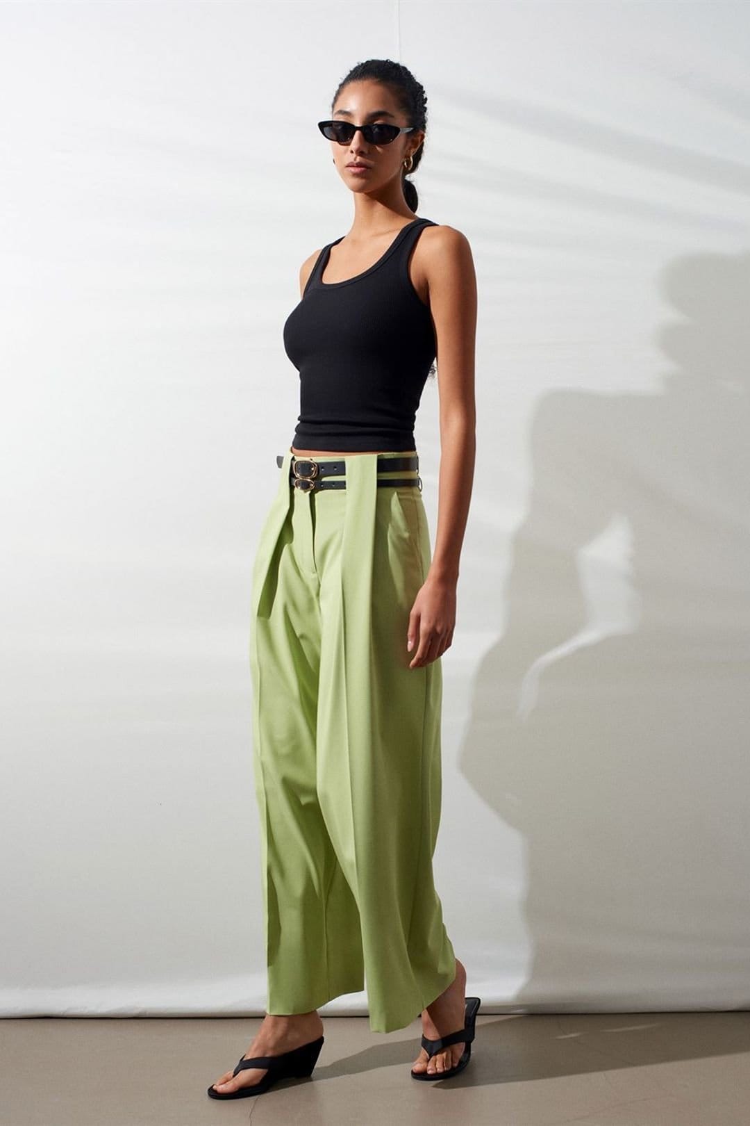 Dilvin Dilvin Women's High-Waist Wide-Leg Pleated Trousers in Mint - 4