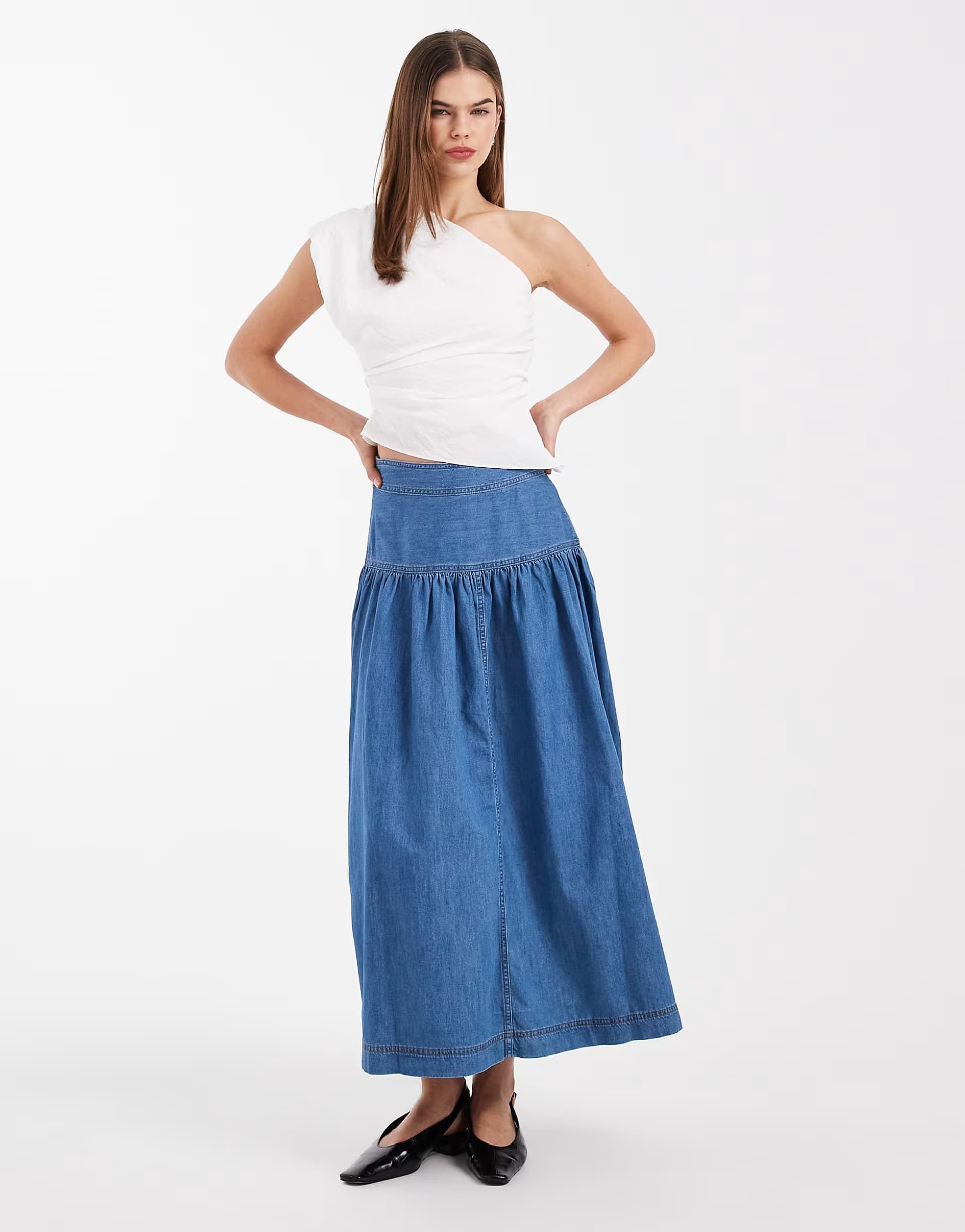 ASOS ONLY dropped waist denim maxi skirt in mid blue
