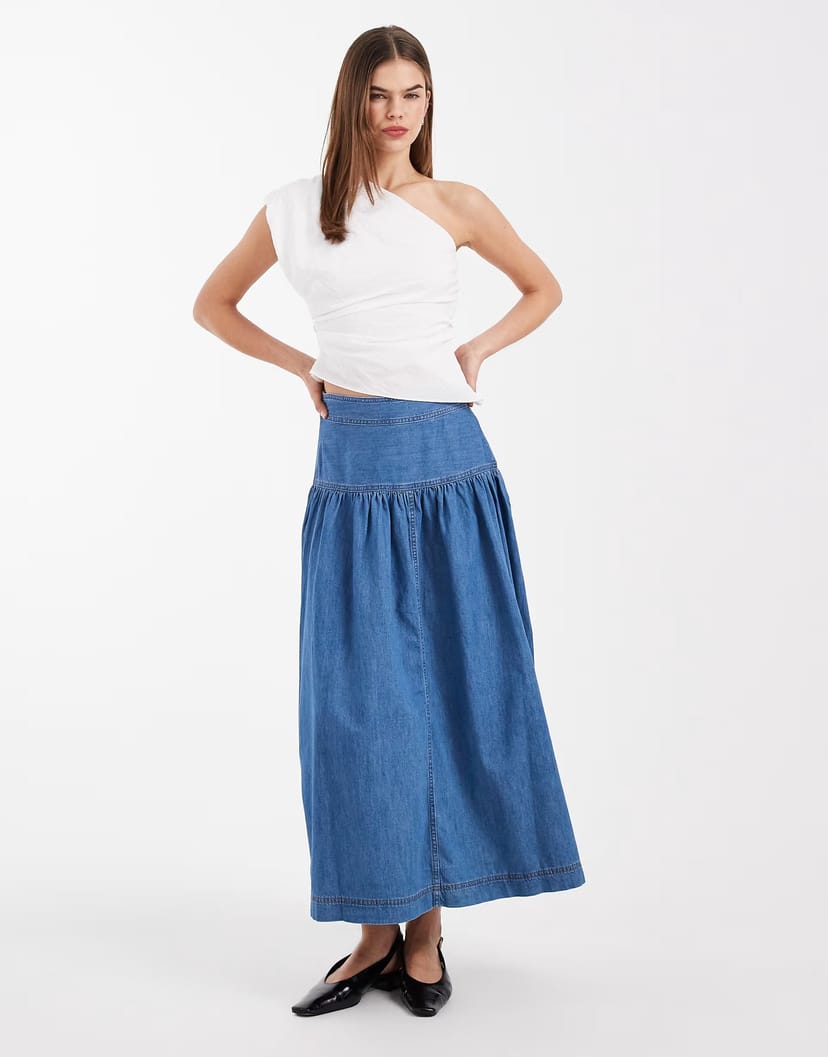 ASOS ONLY dropped waist denim maxi skirt in mid blue - 1