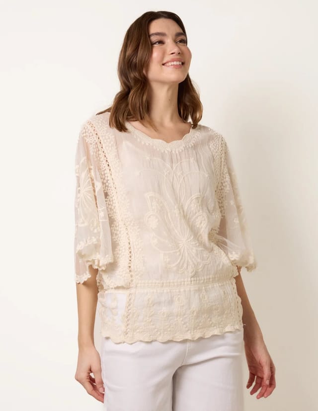 Blue Vanilla Floral Lace Butterfly Sleeve Blouse - 3