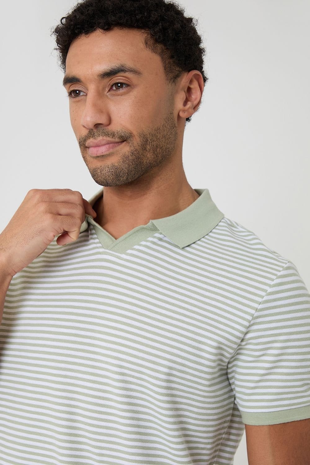 Threadbare Threadbare Men's Stripe Trophy Neck Polo Shirt in Pale Green - 4