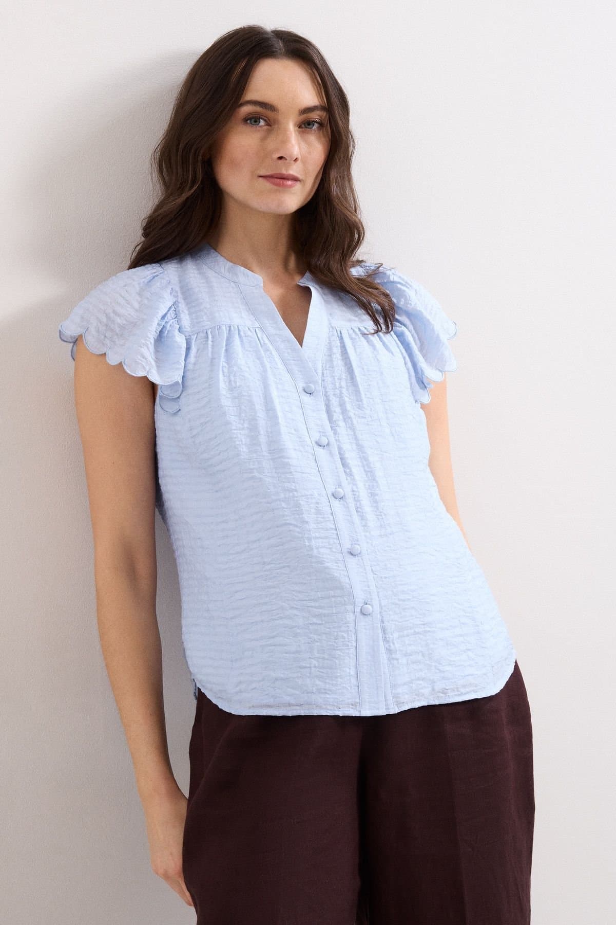 Phase Eight Phase Eight Baby Blue V-Neck Blouse with Scallop Sleeves