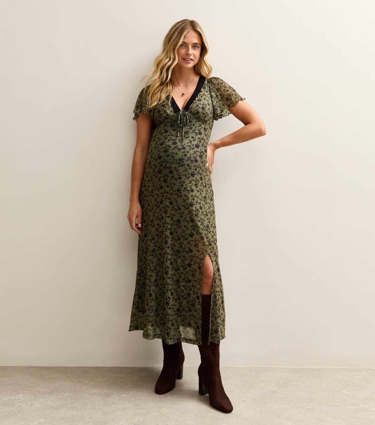 New Look Women's Maternity Khaki Floral Mesh Lace Midi New Look