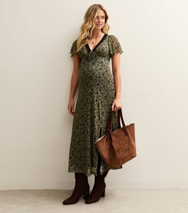 New Look Women's Maternity Khaki Floral Mesh Lace Midi New Look - 3