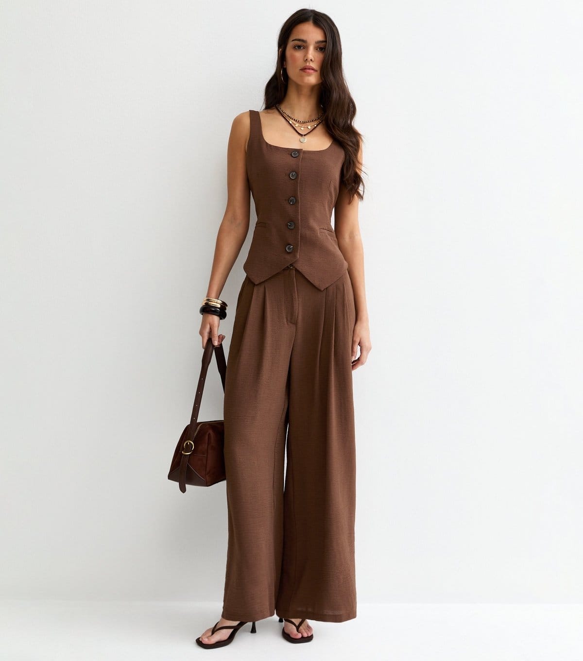 New Look Women's Dark Brown Wide Leg Pleated Trousers New Look - 1