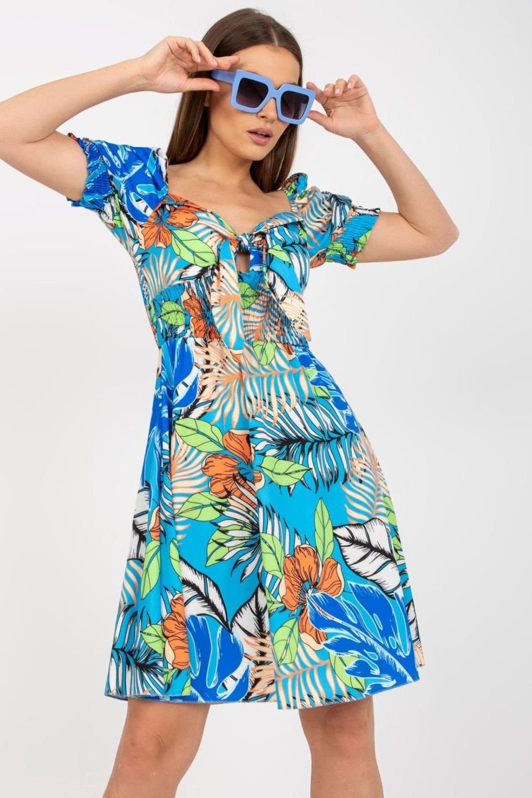 Love Lace Love Lace Women's Spanish Neckline Tie Front Summer Dress in Blue