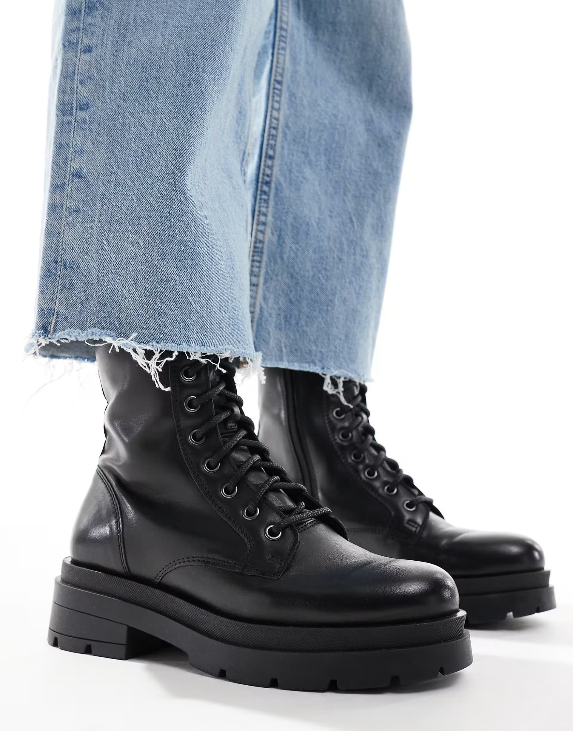 ASOS OFF THE HOOK CAMDEN biker leather lace ups high boots in black 