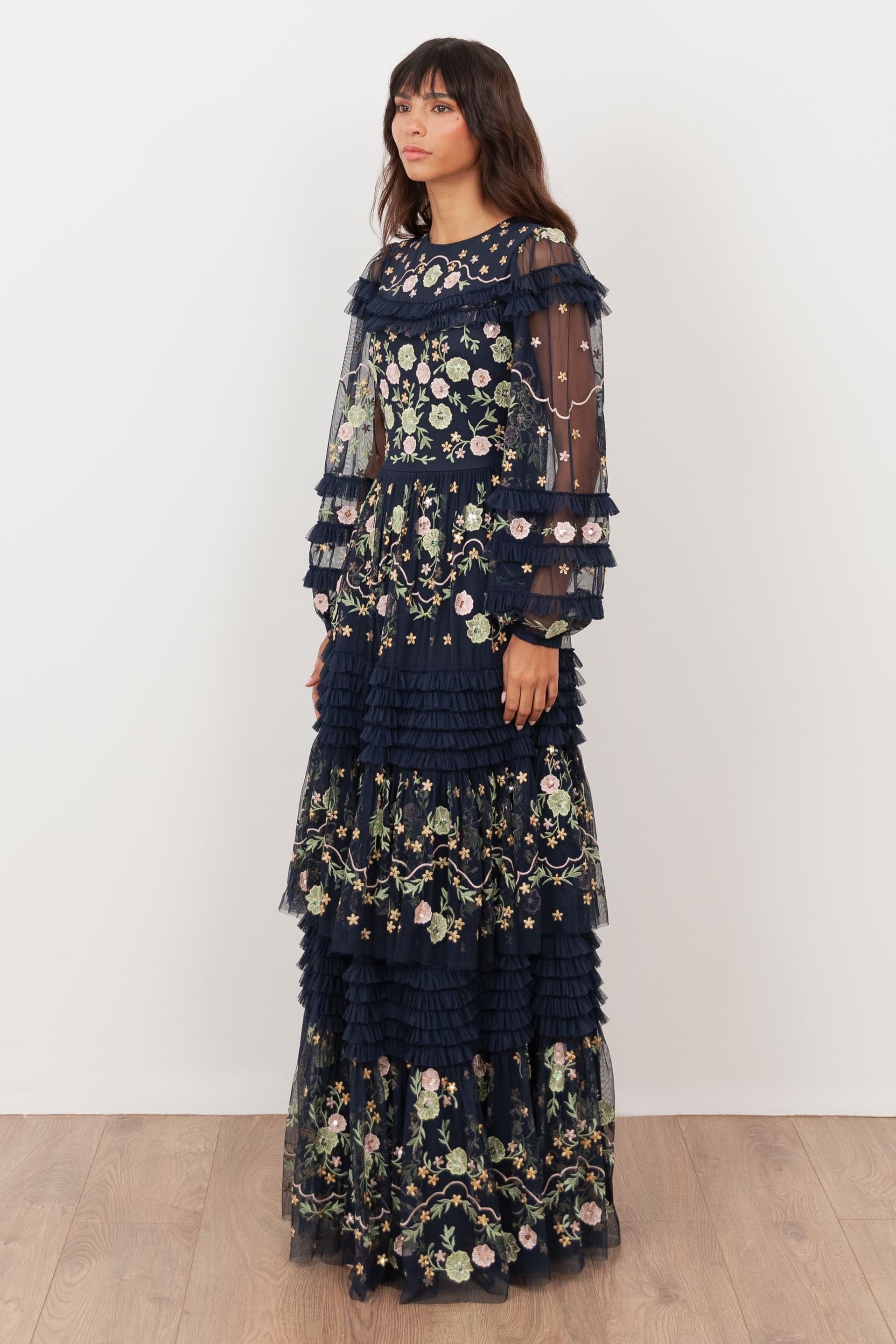 Maya Deluxe Maya Deluxe Women's Floral Embroidery Long Sleeve Frill Maxi Dress in Dark Navy