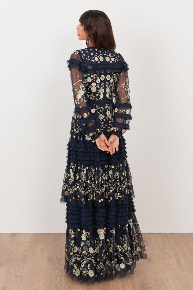 Maya Deluxe Maya Deluxe Women's Floral Embroidery Long Sleeve Frill Maxi Dress in Dark Navy - 2