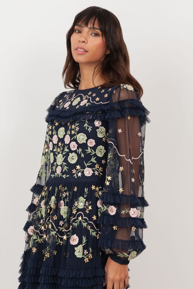 Maya Deluxe Maya Deluxe Women's Floral Embroidery Long Sleeve Frill Maxi Dress in Dark Navy - 3