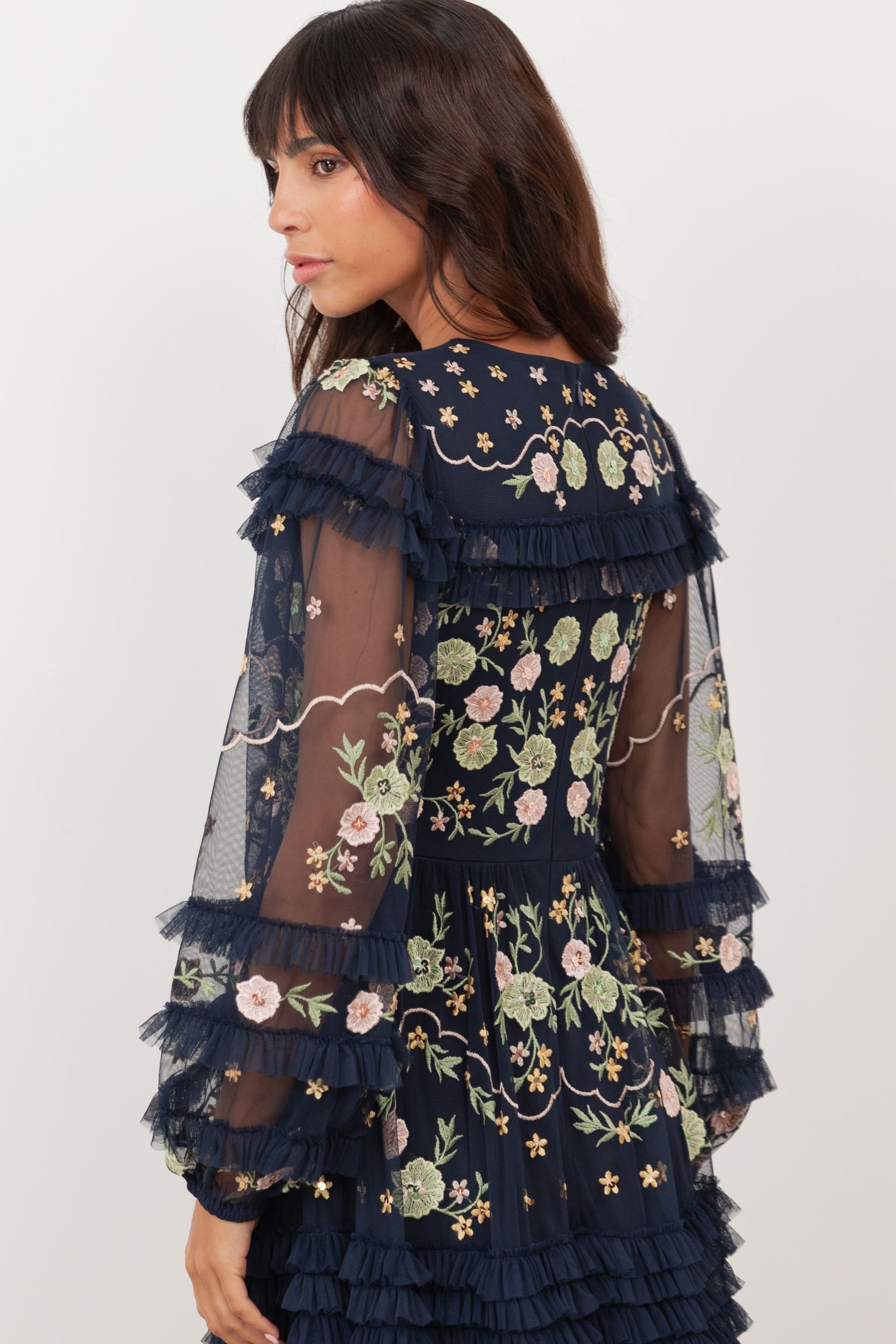 Maya Deluxe Maya Deluxe Women's Floral Embroidery Long Sleeve Frill Maxi Dress in Dark Navy - 4
