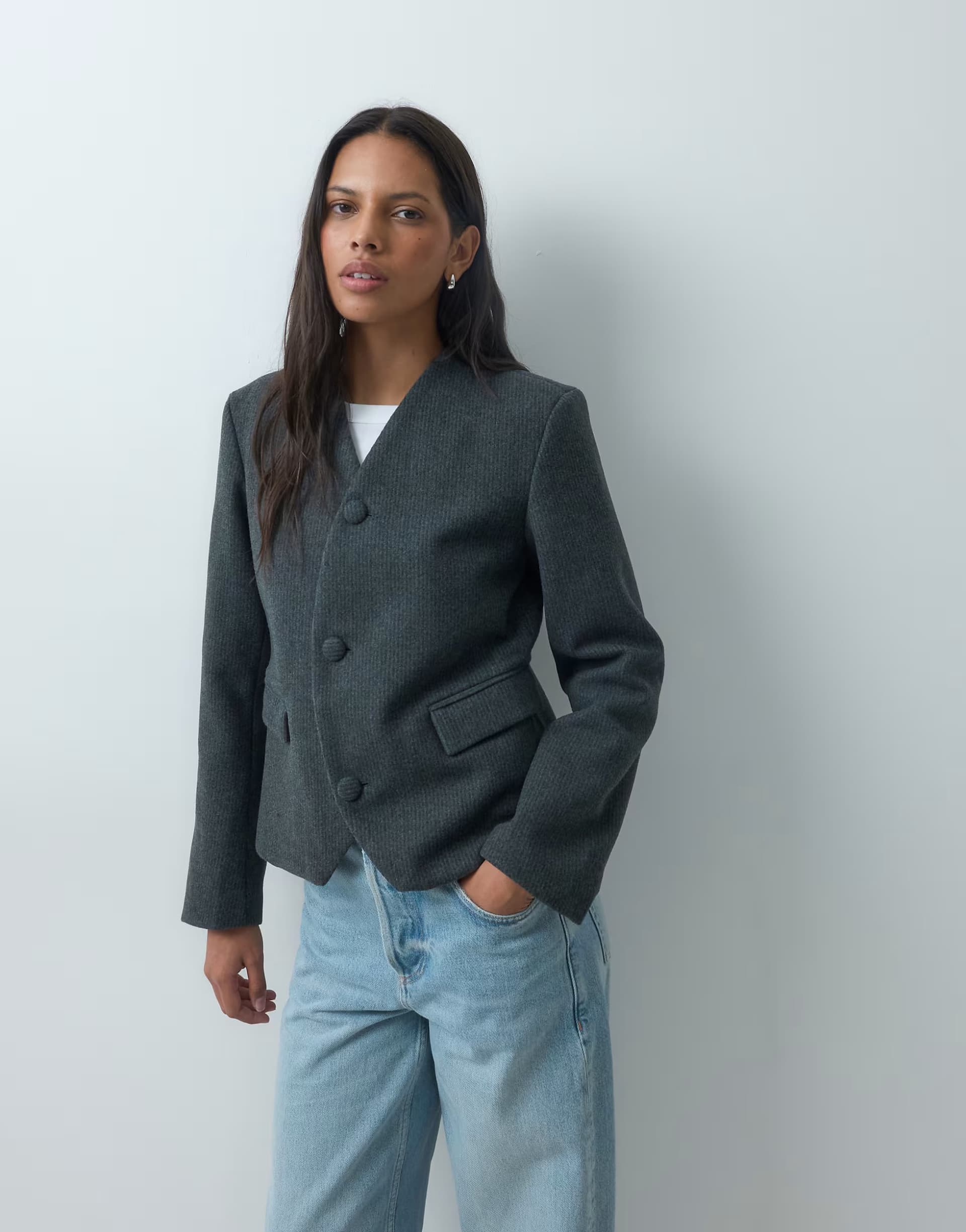 ASOS Mango Teen collarless blazer in grey
