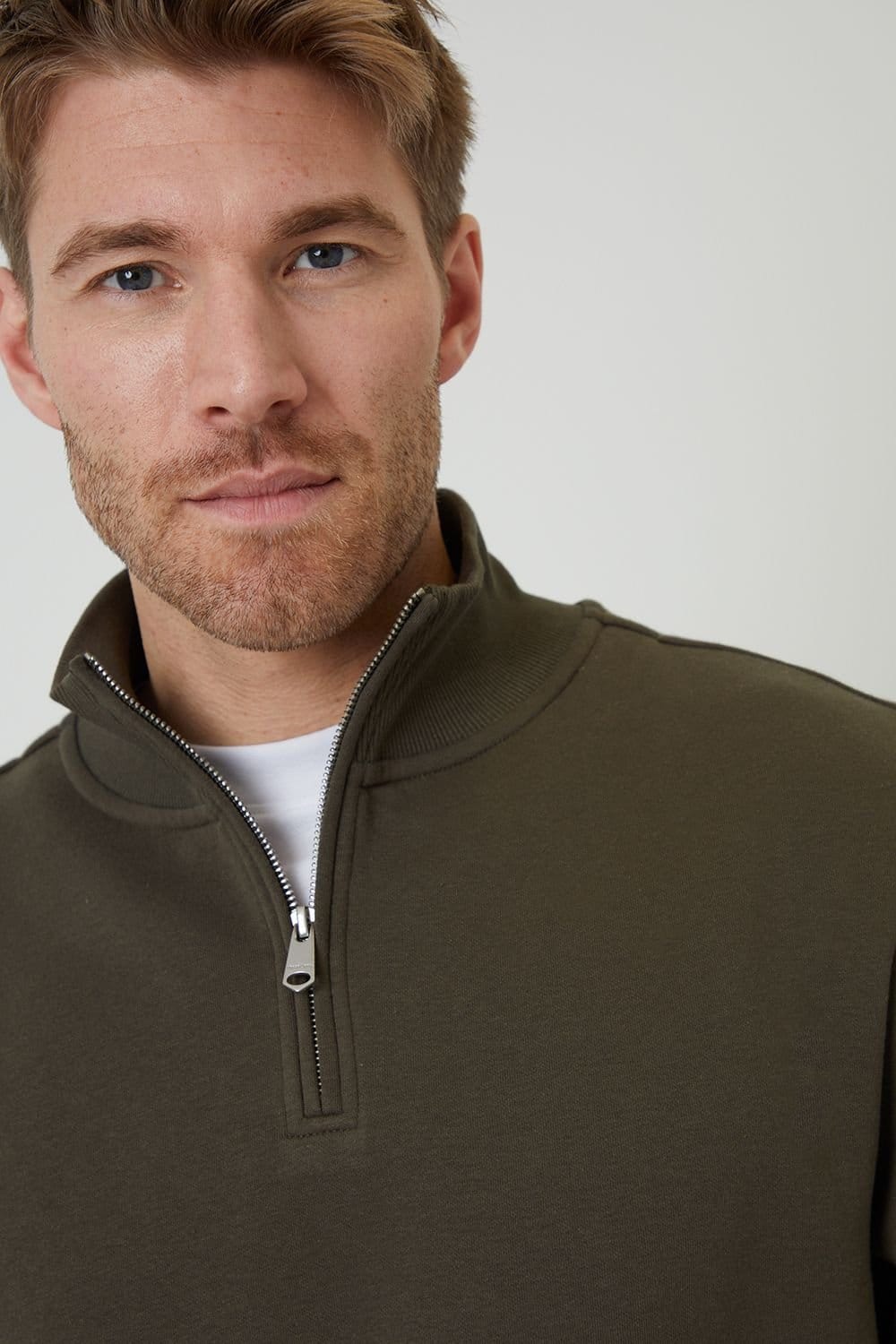 Threadbare Threadbare Men's Mock T-Shirt Quarter Zip Sweatshirt in Khaki - 4