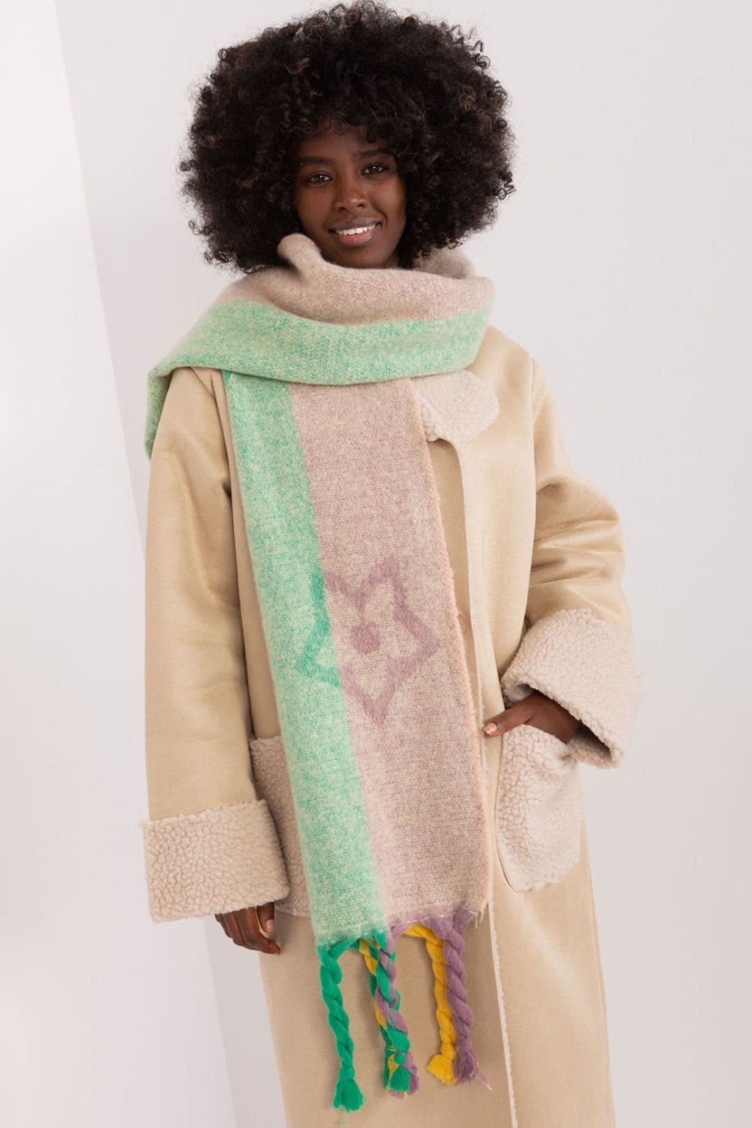 Love Lace Love Lace Women's Long Decorative Stripe Scarf with Tassels Polyester Warm in Beige