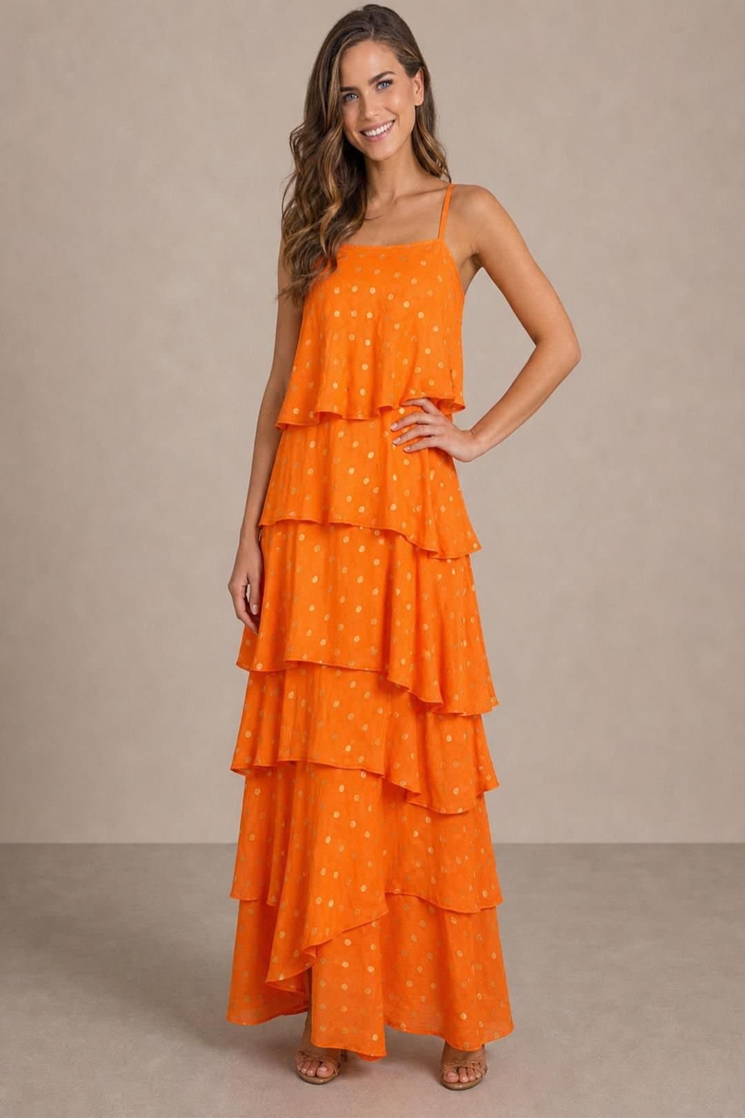 chi chi london Chi Chi London Women's Cami Foil Spot Print Tiered Maxi Dress in Orange