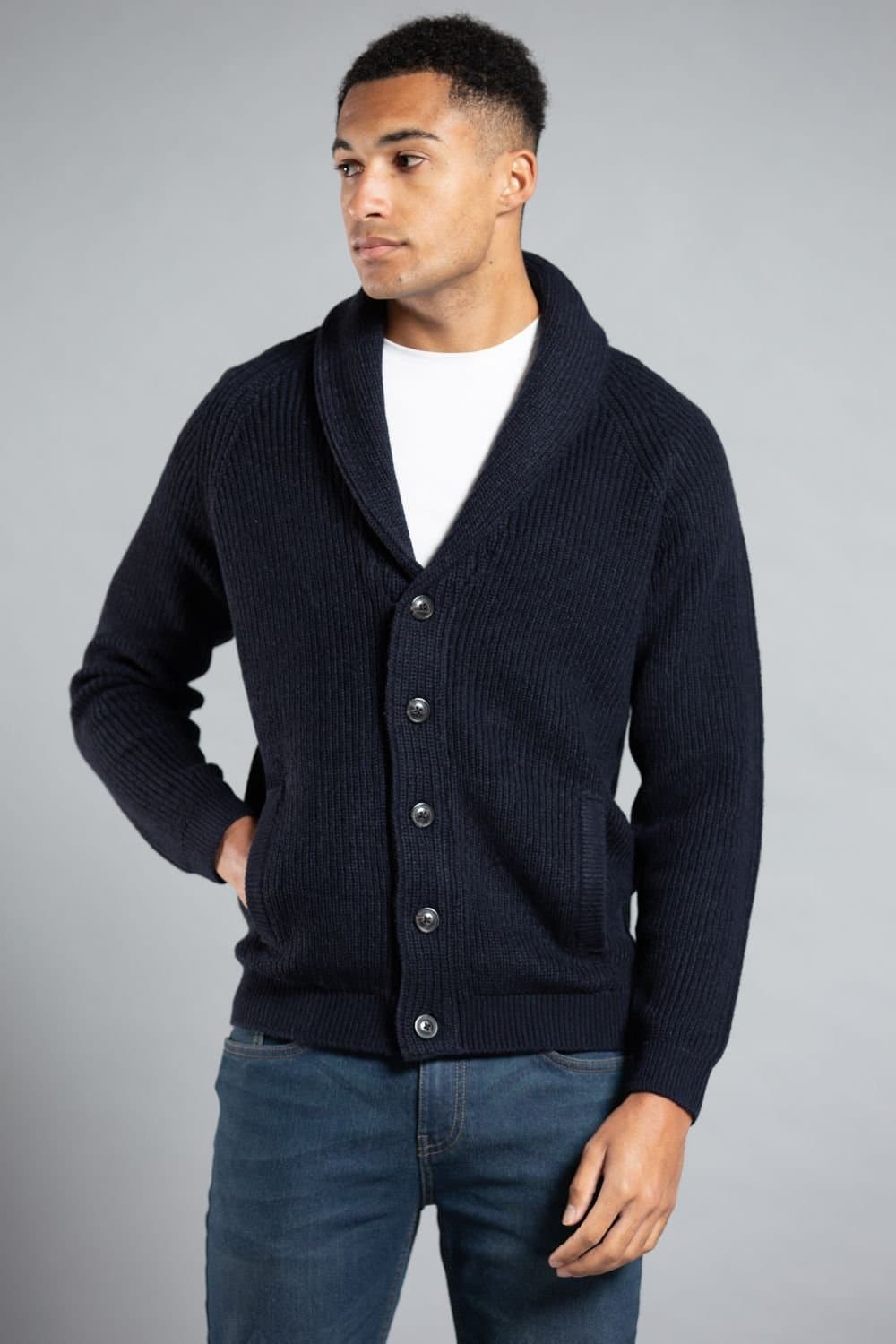 Tokyo Laundry Tokyo Laundry Men's Shawl Neck Ribbed Cardigan in Dark Navy