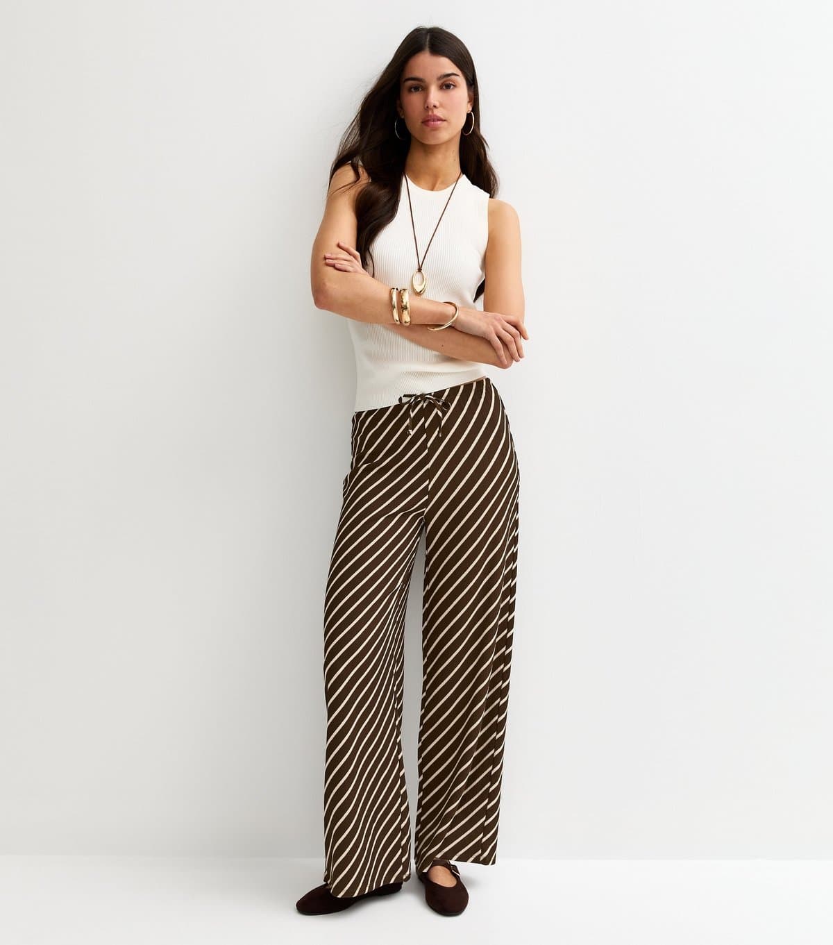 New Look Women's Brown Crinkled Striped Wide Leg Trousers New Look