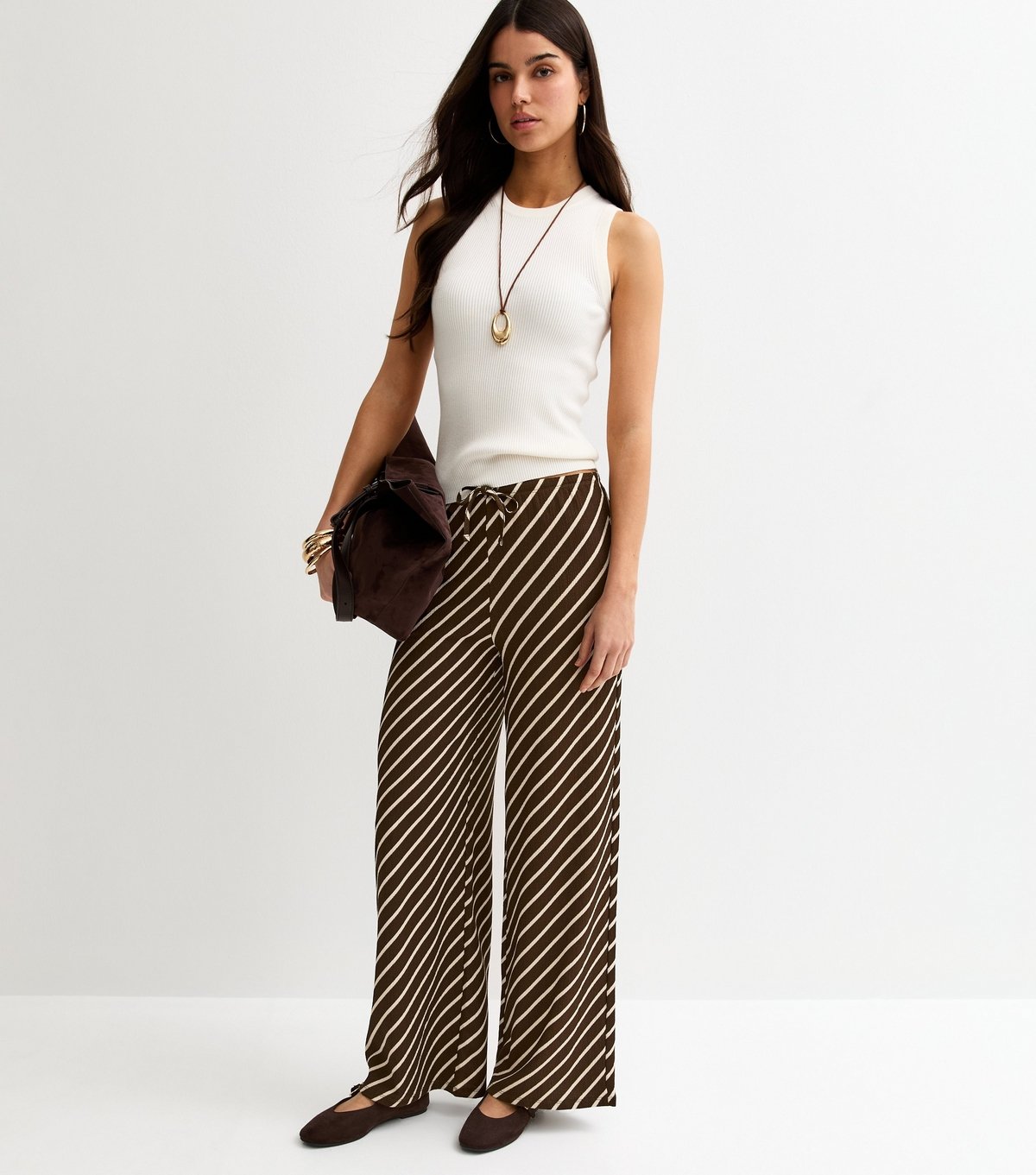 New Look Women's Brown Crinkled Striped Wide Leg Trousers New Look - 3