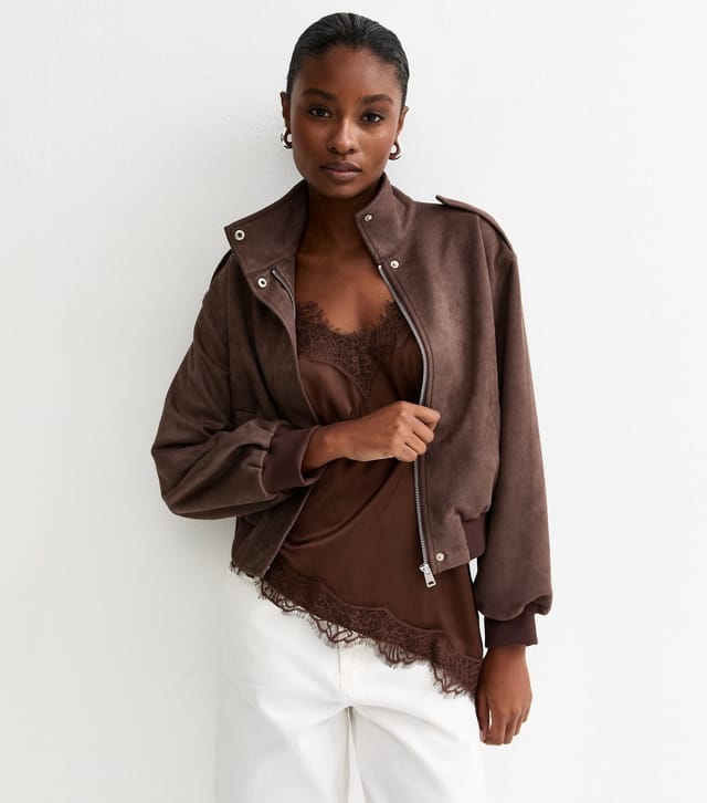 New Look Women's Brown Faux Suede High Neck Bomber Jacket New Look - 2