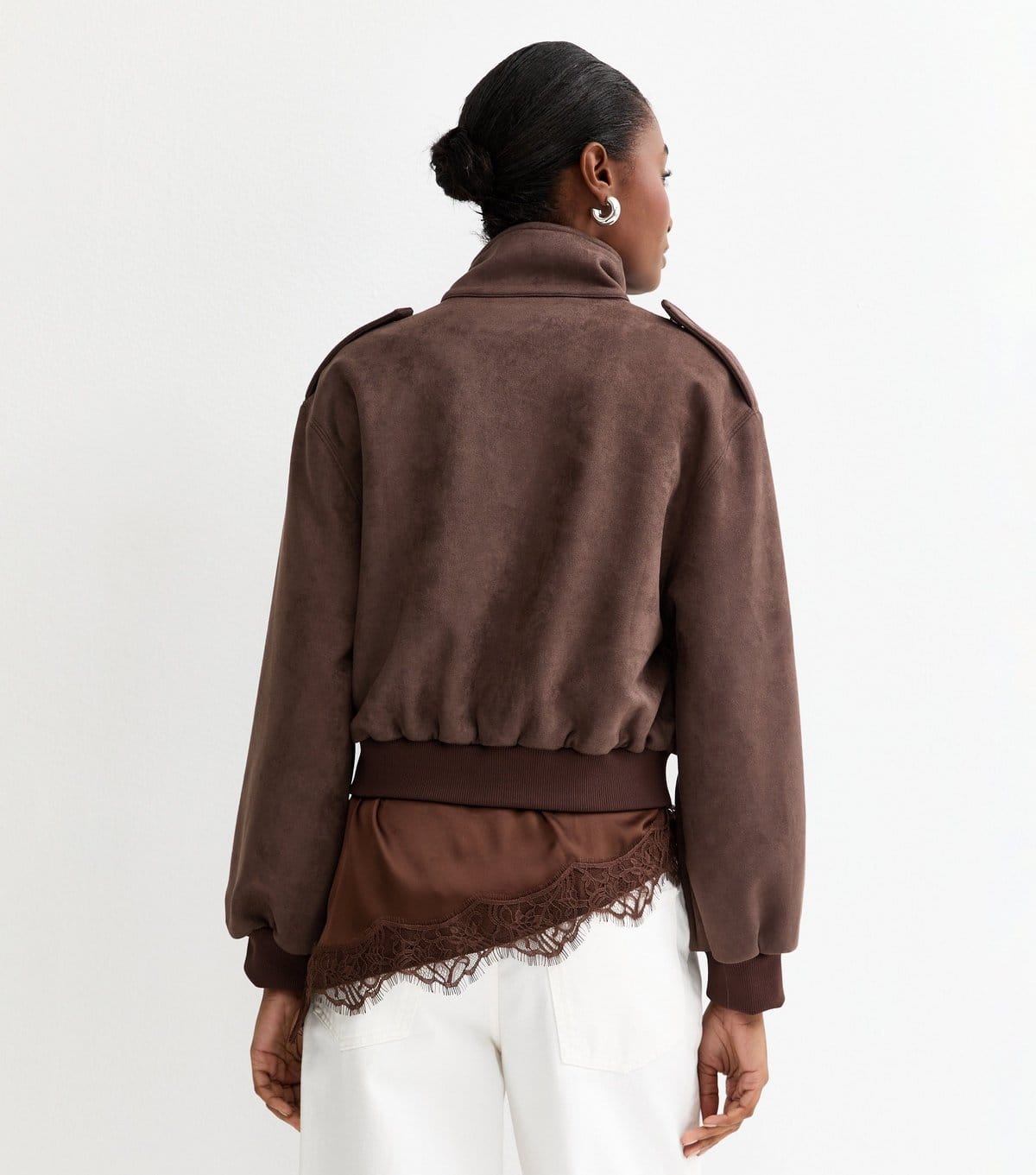 New Look Women's Brown Faux Suede High Neck Bomber Jacket New Look - 4