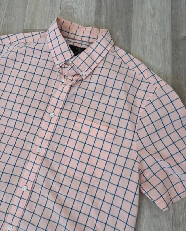 Marks & Spencer M&S Men’s Pink Blue Check Short Sleeve Button-Up Shirt Size M