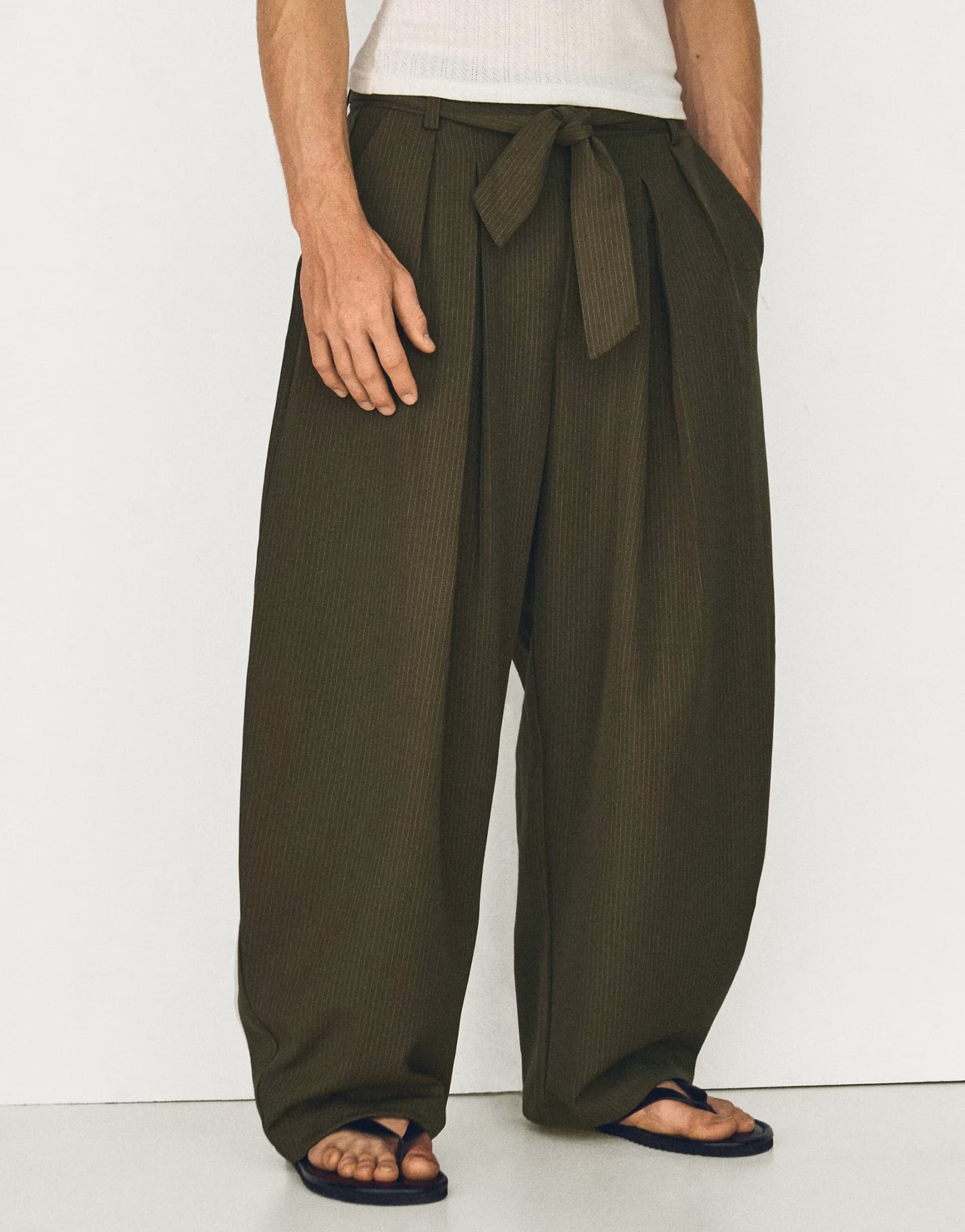 ASOS Bershka Barrel-leg trousers with darts and belt in khaki