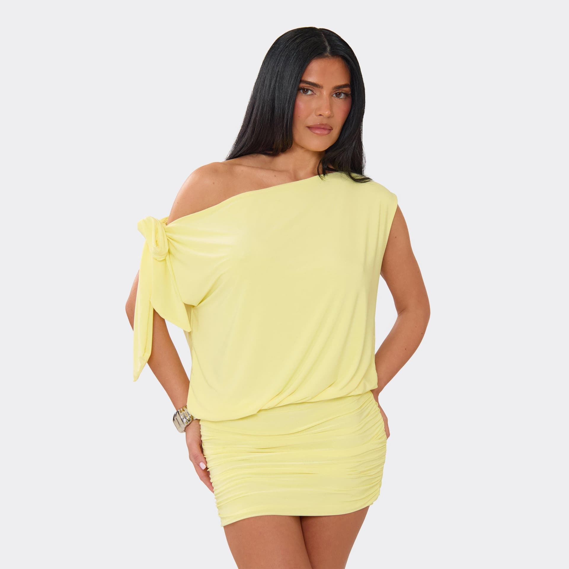 EGO Off The Shoulder Tie Detail Blouson Mini Dress In Lemon, Women's Size UK 6