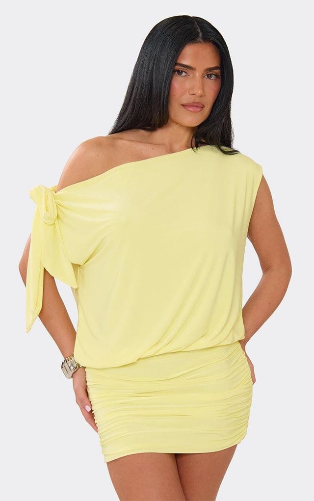 EGO Off The Shoulder Tie Detail Blouson Mini Dress In Lemon, Women's Size UK 6 - 2
