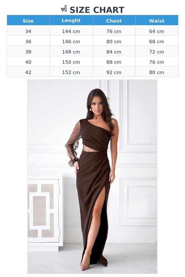 Love Lace Love Lace Women's One Shoulder Sequin Sleeve Long Dress with Slit in Brown - 2
