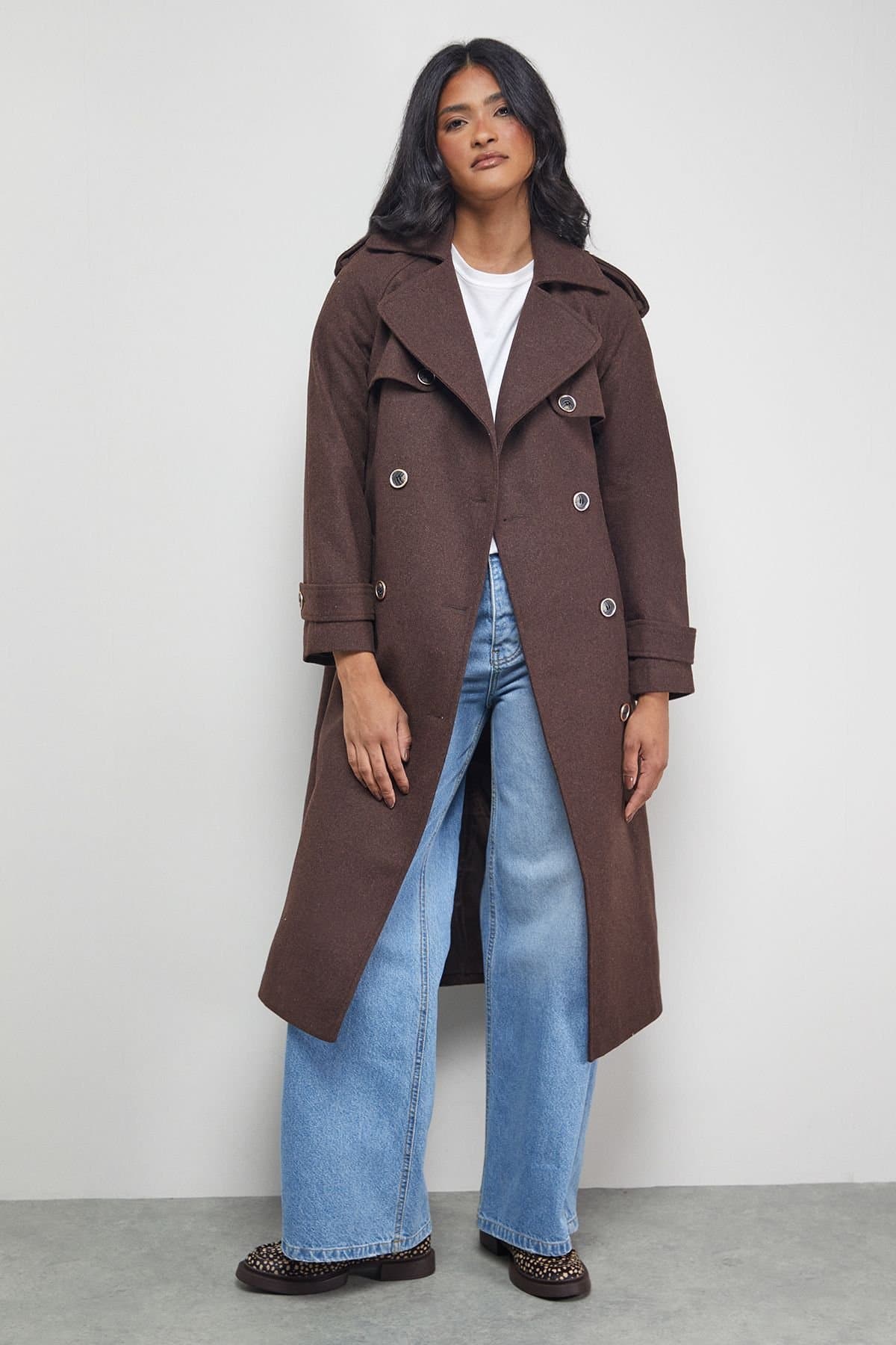 Warehouse Warehouse Women's Wool Mix Belted Trench Coat in Chocolate