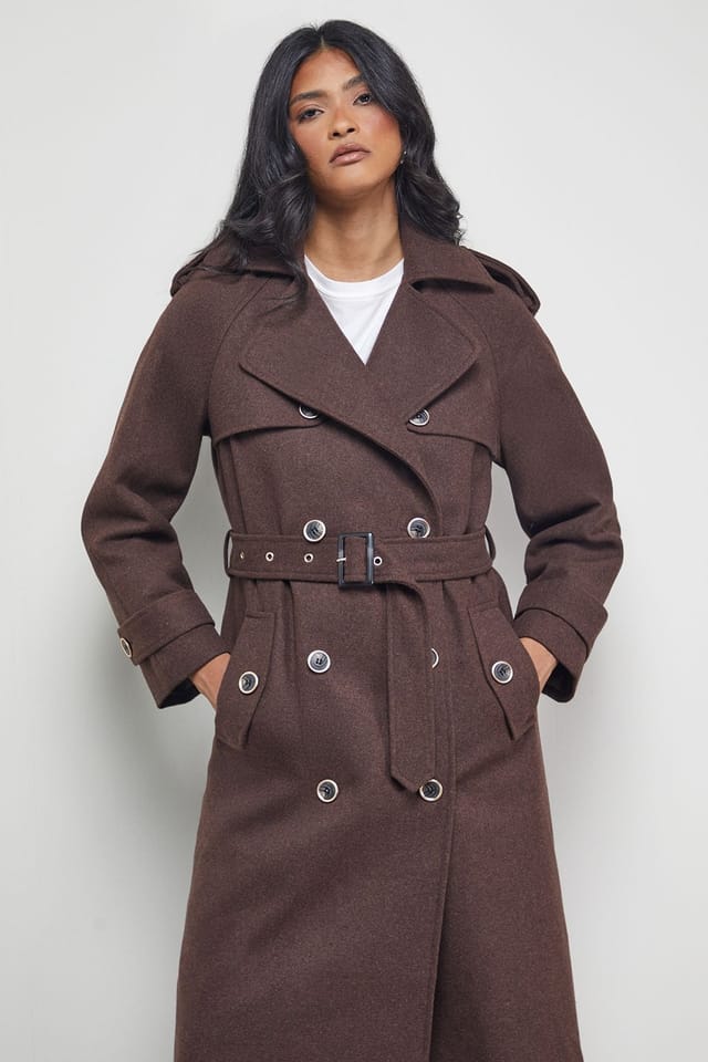 Warehouse Warehouse Women's Wool Mix Belted Trench Coat in Chocolate - 2